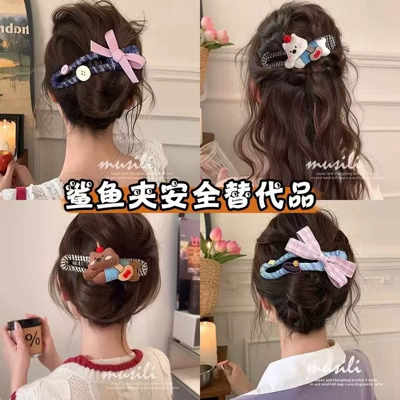 秋季咖色毛绒花朵鸭嘴夹女高级感复古气质一字夹后脑勺盘发夹发饰