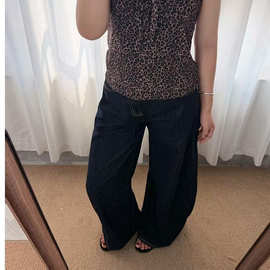 美式小众深蓝ins潮设计感百搭阔腿牛仔裤女秋季宽松垂感拖地裤