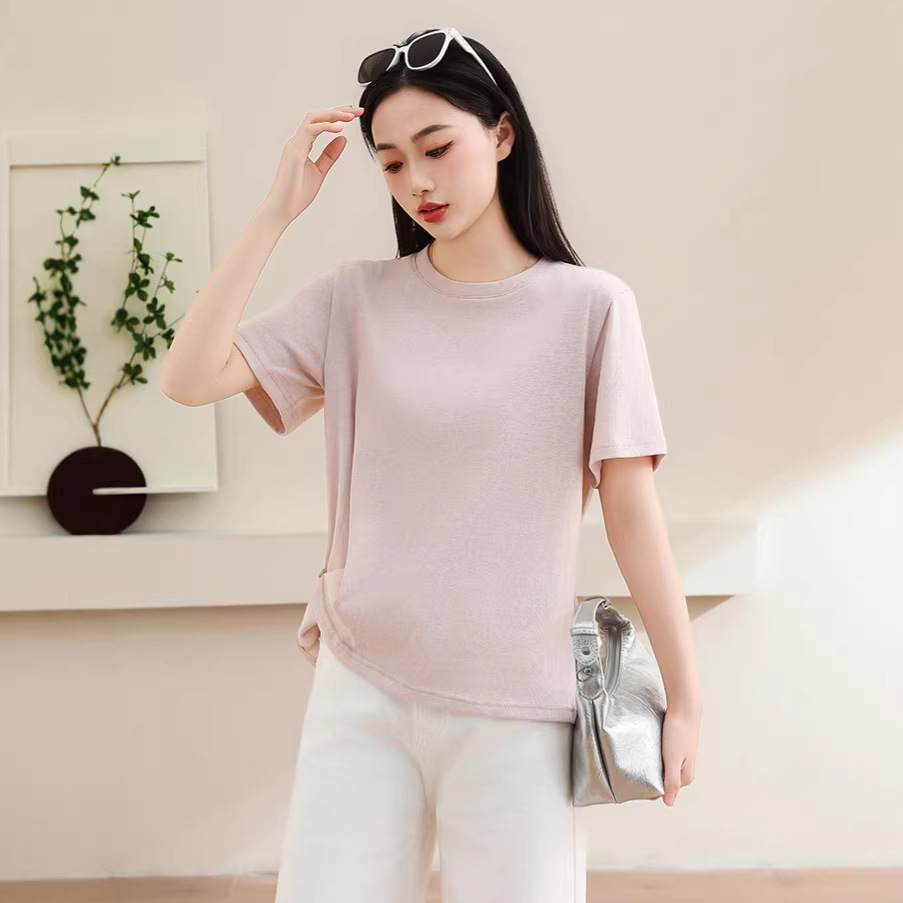 亚麻肩线短袖女纯色内搭莱赛尔纽扣女棉上衣宽松圆领通勤T恤2609