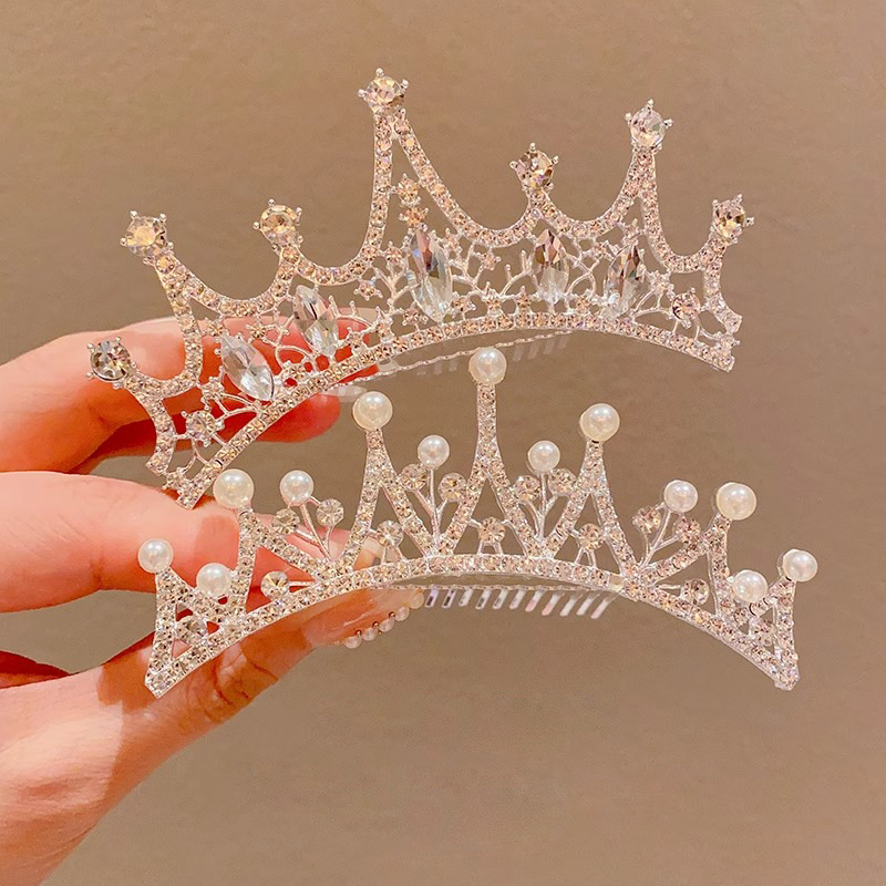 Corona de las niñas accesorios para el cabello rendimiento de cumpleaños de los niños brillante perla Rhinestone corona princesa peine del pelo vestido accesorios horquilla