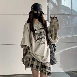 大码300斤胖拼接格纹长袖卫衣女春秋款时尚正肩假两件上衣