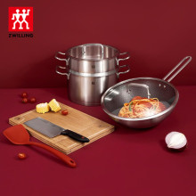 德国双.立人六福炫彩不锈钢厨具炒锅蒸锅案板切菜刀铲子蒸笼6件套