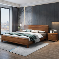 Modern minimalist walnut solid wood bed, 1.8m or 1.5m double/single size, Chinese-style bedroom furniture with built-in storage