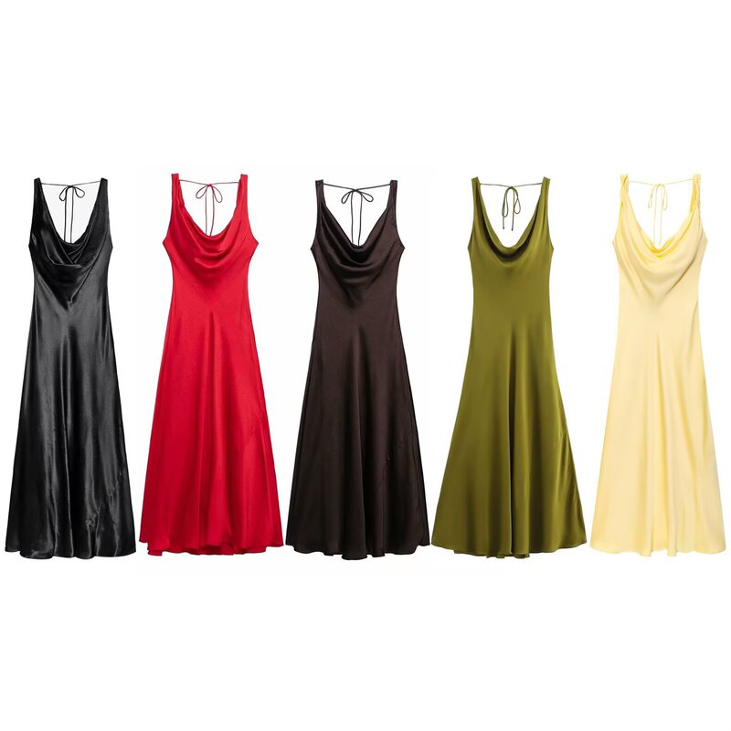 PB & ZA Women's Wear 2025 Spring New Temperament Elegant Fashion Silk Satin Texture Long dress 2590987