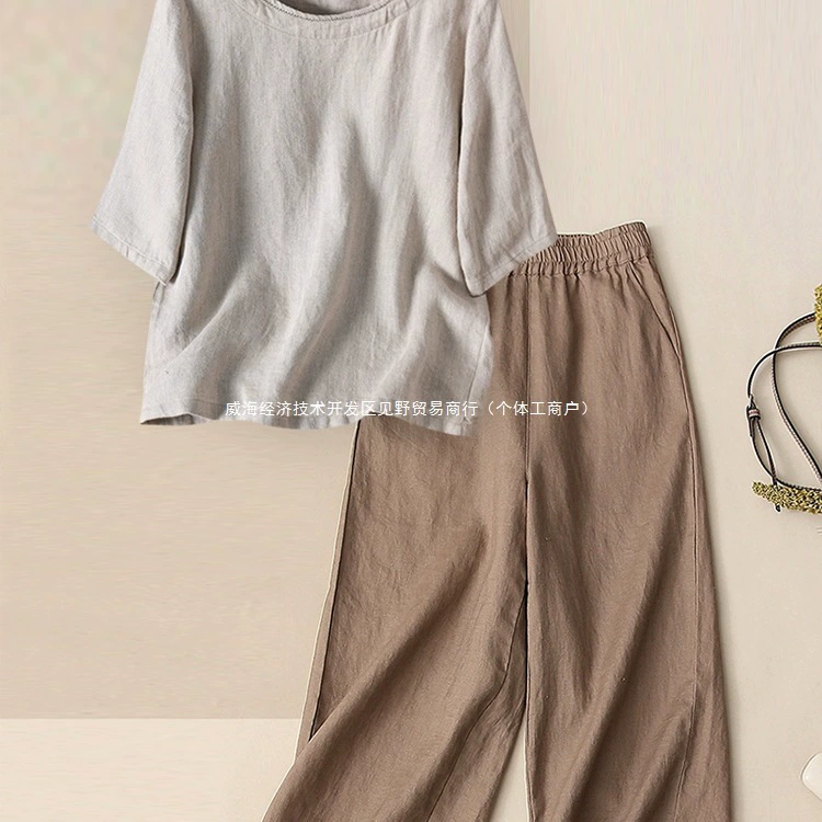 Женская летняя одежда больших размеров, ретро-костюм из хлопка и льна для мам среднего возраста, свободный повседневный льняной топ с короткими рукавами, комплект из двух предметов