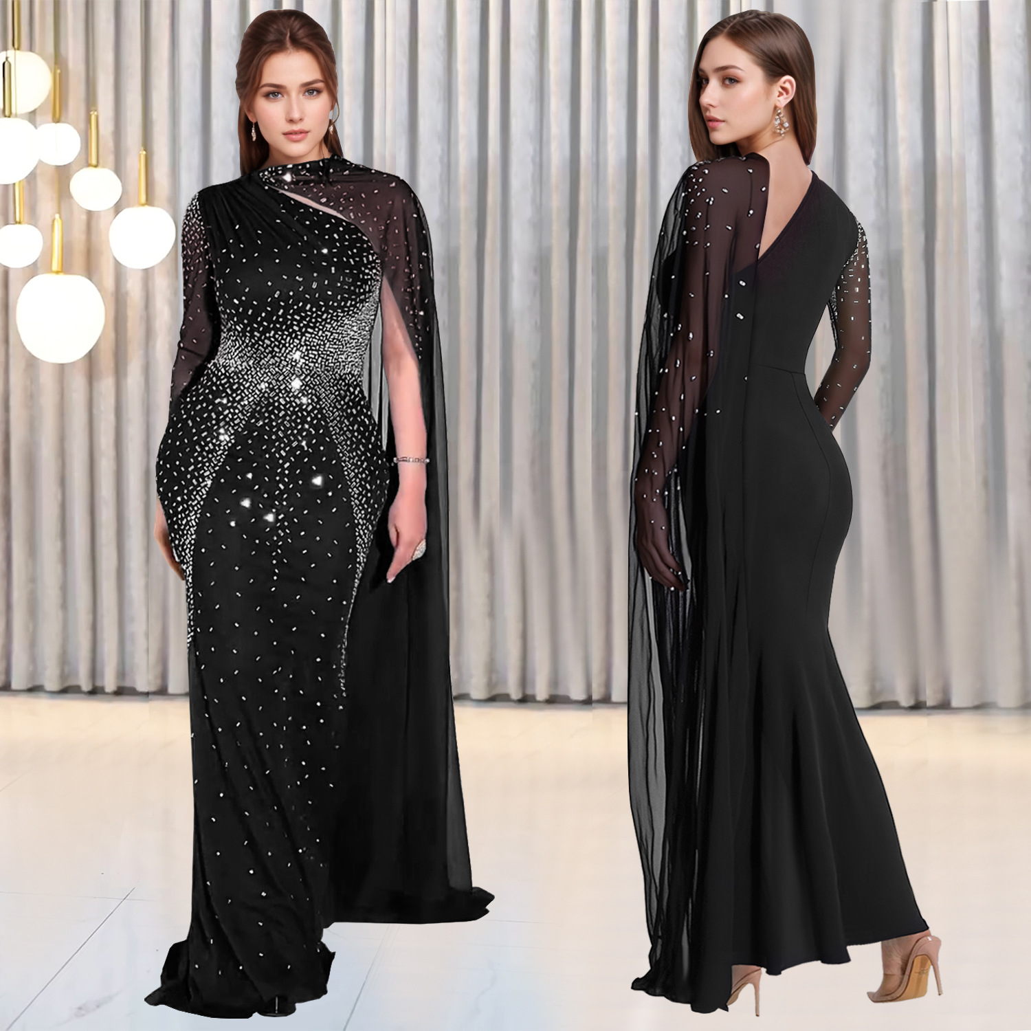 C7397 Cross-border AliExpress Amazon Moda europea y americana Vestido de diamantes calientes de malla sexy image 1