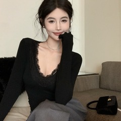 純欲蕾絲V領打底T恤女春秋2024新款修身顯瘦彈力內搭短款長袖上衣