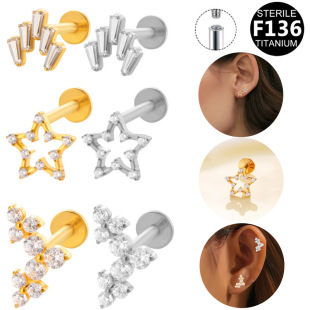 Titanium cross-border G23 titanium alloy pentagram star inlaid zircon lip nail internal thread earring F136 piercing jewelry lips
