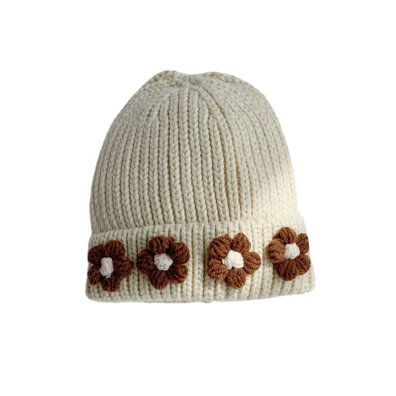 Cappello unisex lavorato a maglia con fiori, stile ins, da donna, autunno, inverno, genitore-figlio, caldo cappello di lana_voghion.com