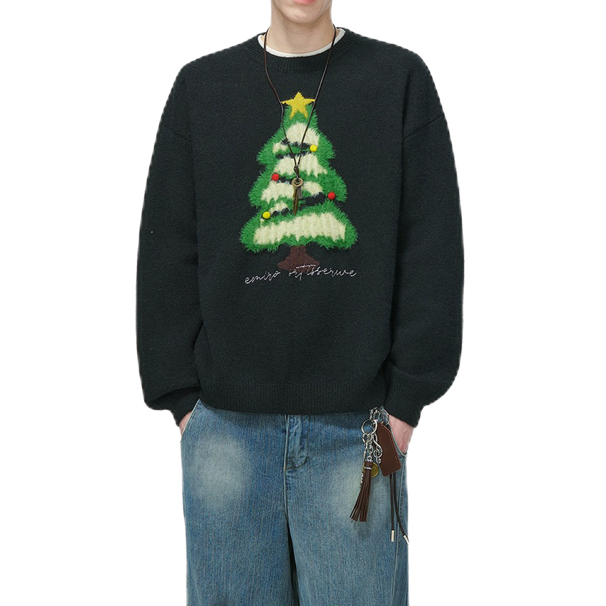 Explosiones transfronterizas de tamaño europeo de tamaño grande atmósfera de árbol de Navidad camisetas de punto suéter toallas de hombre bordadas tridimensionales otoño y invierno fábrica al por mayor