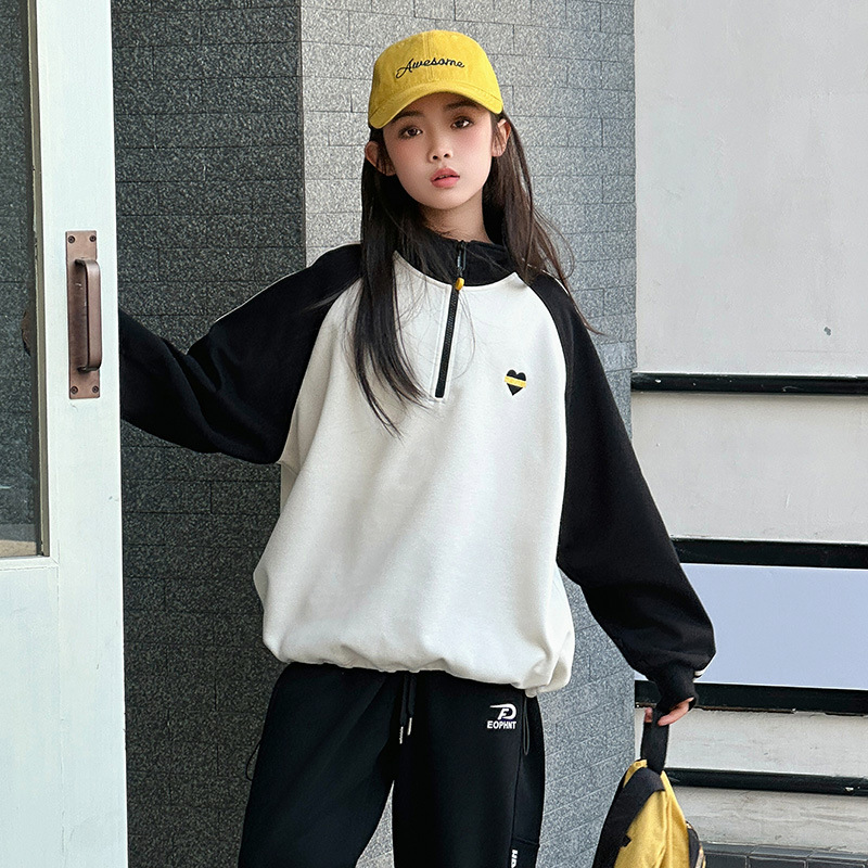初中女童春秋装拼色显瘦卫衣中大童半高领运动套头衫宽松青少年装