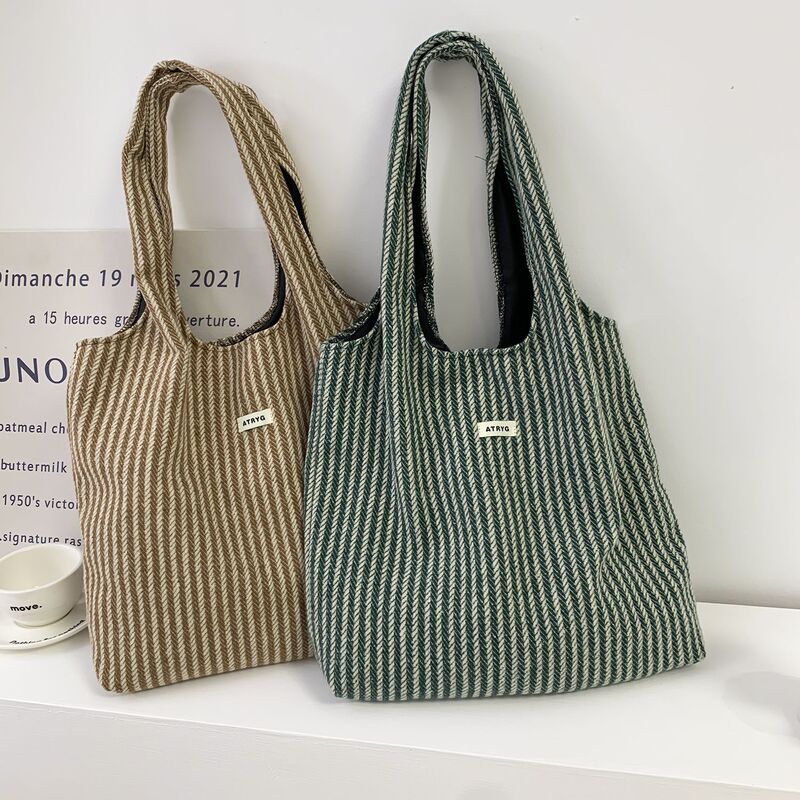 Autumn and Winter Bags Korean Niche Woolen Large-Capacity Tote Bag College Student Canvas Bag Woolen Stripesd Shoulder Bag