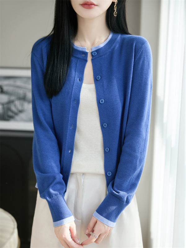 Klein Blue Faux Two-Piece Knitted Cardigan for Women, Spring and Autumn Color-Blocked Round-Neck Wool Cardigan, Thin Versatile Outerwear Top