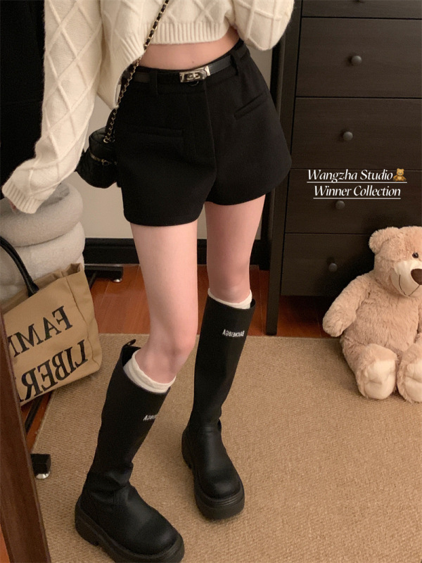 深灰色复古休闲短裤女秋季毛呢靴裤百搭高腰包臀a字裤子直筒热裤|undefined