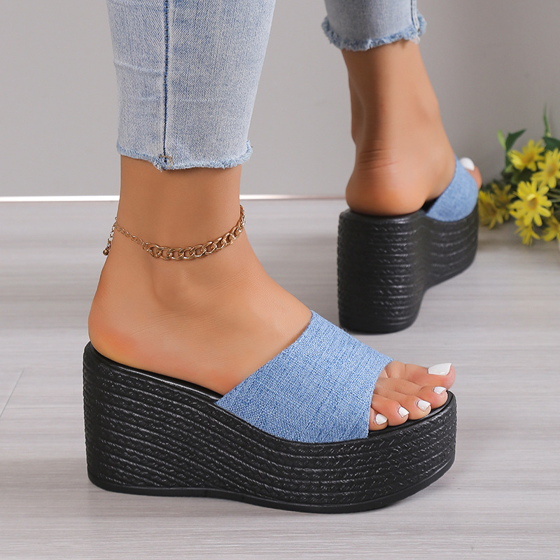 Sandali con zeppa da donna in denim punta aperta per uso esterno_voghion.com