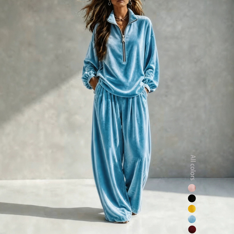 2026 European and American women's clothing, Amazon independent store, new autumn/winter casual and fashionable velvet long-sleeved long pants with zipper set 2026 European and American women's clothing, Amazon independent store, new autumn/winter casual and fashionable velvet long-sleeved long pants with zipper set