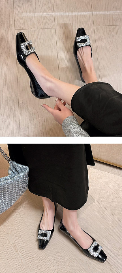 Giày bệt nữ mũi vuông gót dày 3–6 cm, mặt da bóng mềm, khóa pha lê điểm nhấn — Bạc (đơn hàng bổ sung lớn), Bạc A, Màu đỏ rượu, Vàng cổ chi tiết 8