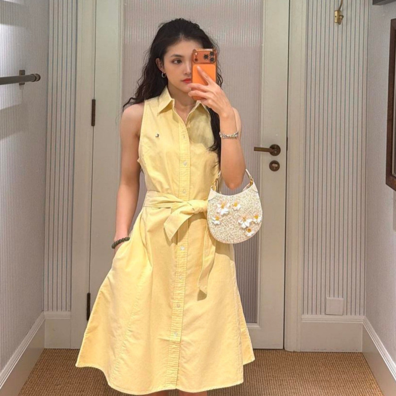 High-Quality Rl Ralph Lauren Color-Blocked Tie-Dye Dress with Classic Pony Embroidery, White Moonlight Sleeveless Polo Shirt Dress