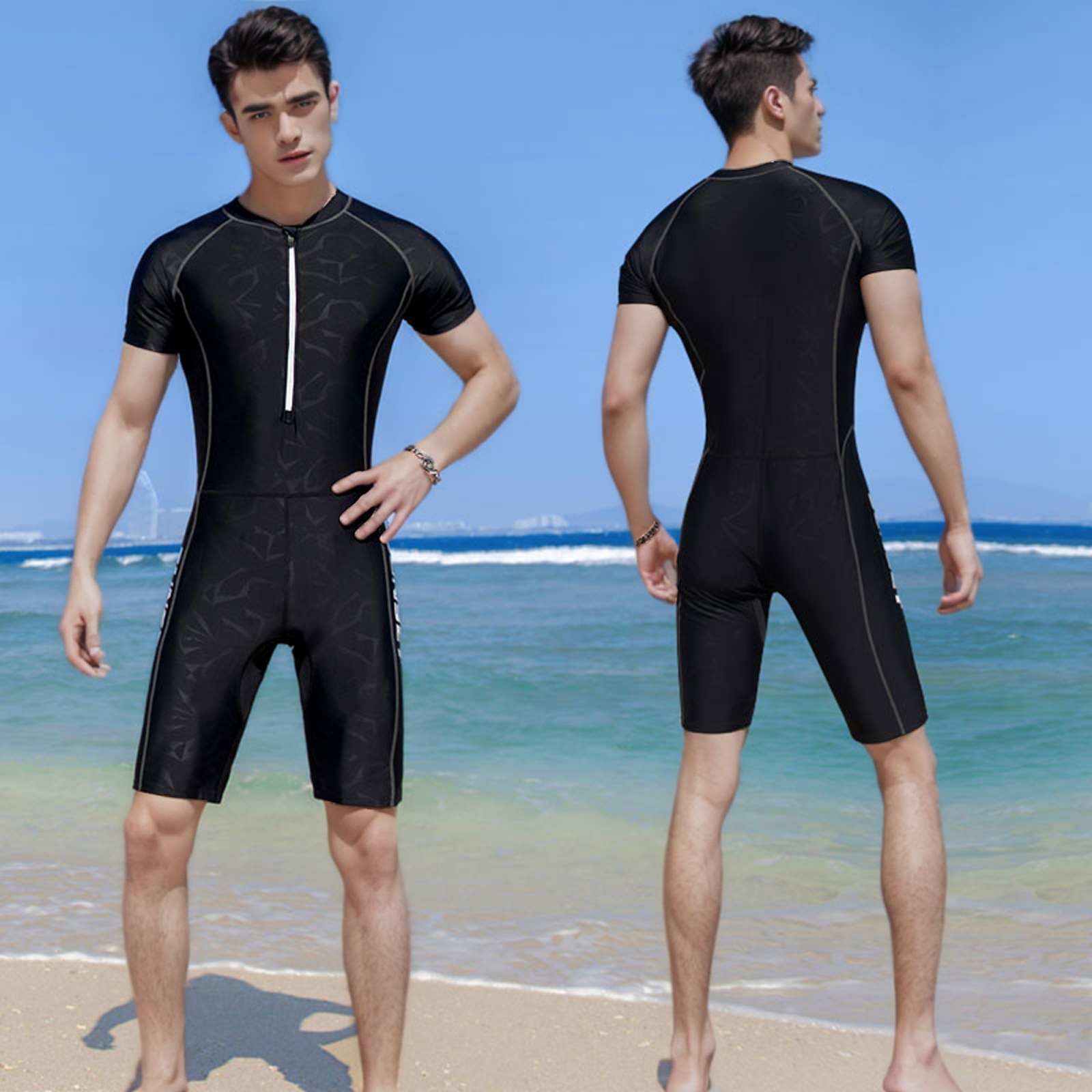 New one-piece swimsuit men's suit black close-fitting sunscreen quick-drying short-sleeved surfing five-piece swimsuit foreign trade customization