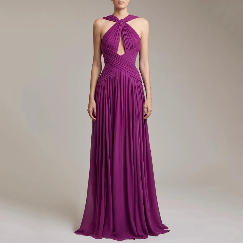 European and American Halter-Neck Dresses, Aliexpress Cross-Border Prom Birthday Party Long Dresses, Purple-Red A-Line Slimming Dresses