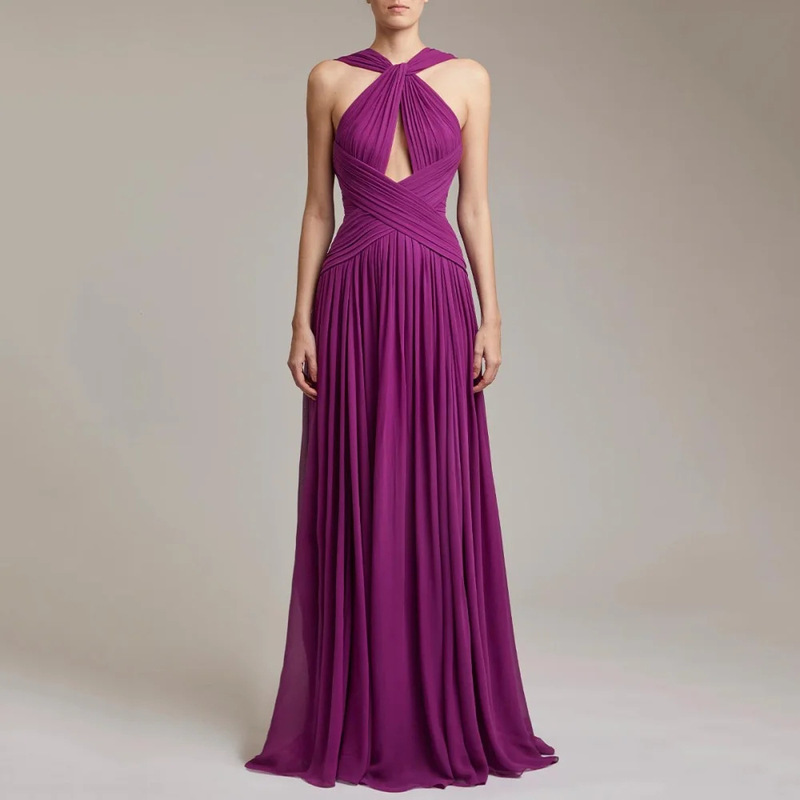 European and American Halter-Neck Dresses, Aliexpress Cross-Border Prom Birthday Party Long Dresses, Purple-Red A-Line Slimming Dresses