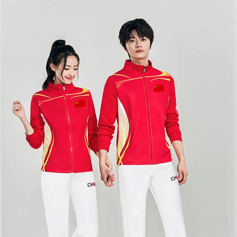 中国チームの男性と女性の同じスタイルのスポーツとレジャースーツランニングフィットネススポーツウェア春と秋のジャケットグループスーツプリント|undefined