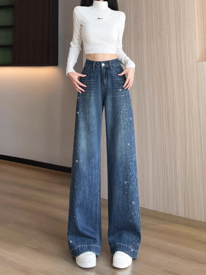 Quần jean ống rộng nữ cạp cao đính đá màu xanh cổ điển, dáng suông rộng thoải mái — Retro màu xanh chín điểm, Xanh Vintage, Dáng Dài, Xám Than, Dài Hơn, Xám than, dáng thường