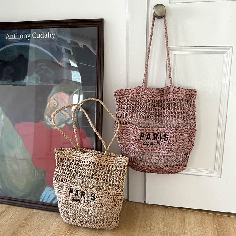 Letter Embroidered Shoulder Straw Woven Bag New Large Capacity Hollow Straw Bag Woven Bag Holiday Beach Bag All-match Women's Bag