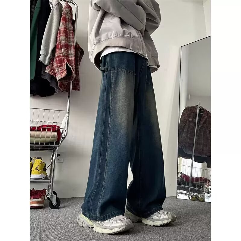 High Street Fashion Boyfriend Straight-Leg Jeans for Men 2025 Autumn Trendy High-Waisted Loose Wide-Leg Cropped Pants