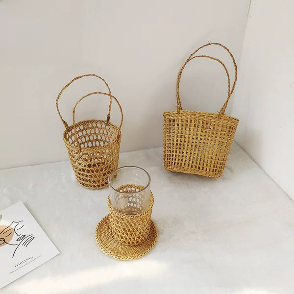 Foreign Trade Cross-border ins Super Hot Portable Storage Desktop Decorative Handmade Straw Cup Set Ornament Gift Flower Basket