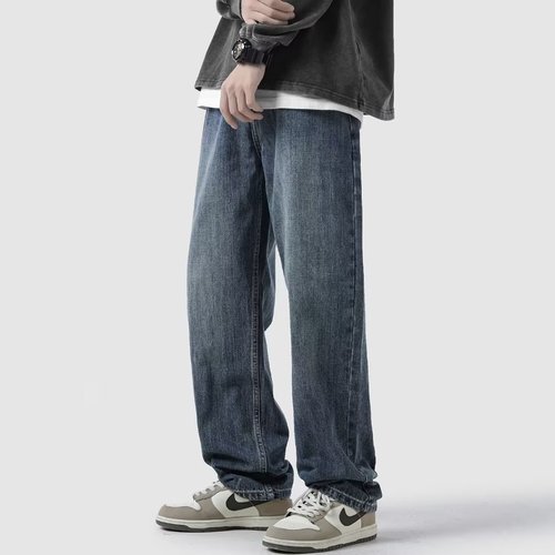 Fall High Street Straight Leg Denim for Men, Trendy Brand Wide Leg American Style Fashion, Versatile Retro Blue Father Pants