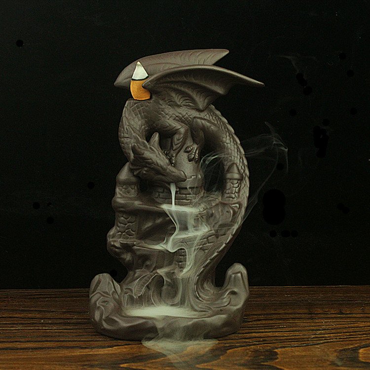 跨境 禅意倒流香炉大号龙吉祥物摆件陶瓷创意檀香炉观赏翼龙批发