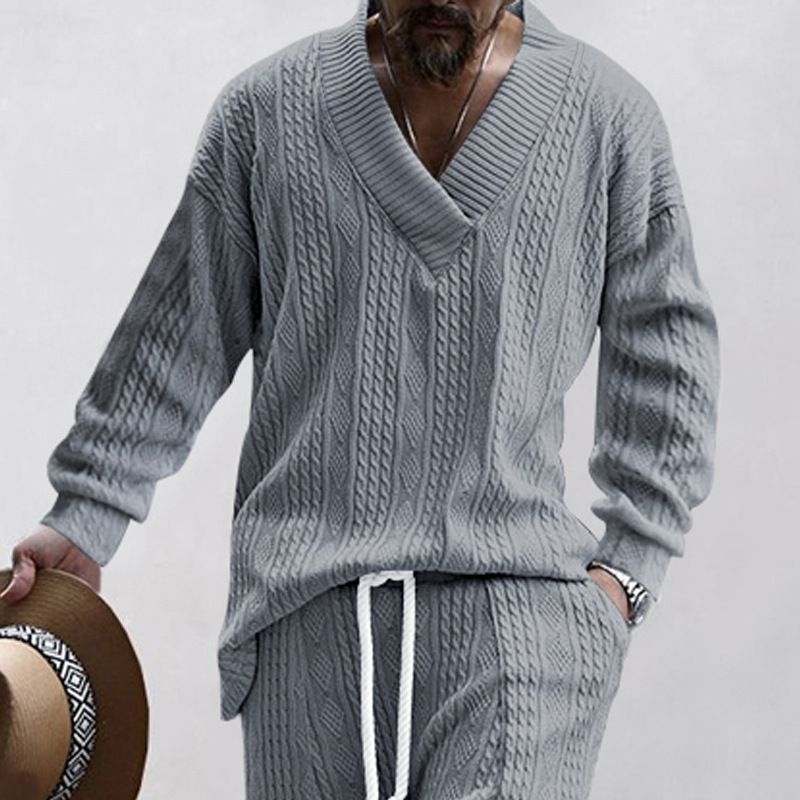 2025 Amazon primavera y otoño nuevo suéter de punto jacquard holgado de color puro casual con cuello en V y manga larga para hombres europeos y americanos.