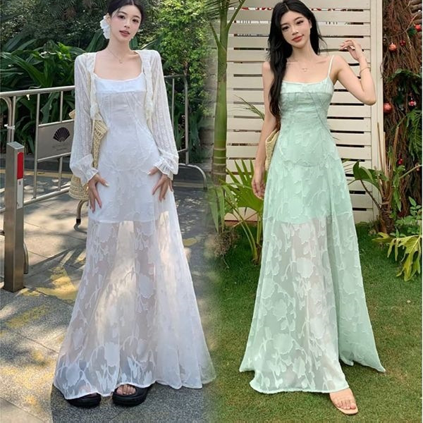 French-Style Unique and Beautiful Green Waist-Cinching Mesh Dress for Women, 2026 New Summer Model, Stunning and Slimming Long Dress