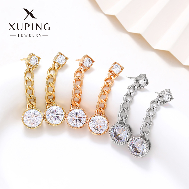 Pendientes Largos Redondos Geométricos de Cobre con Incrustaciones de Zirconia Xuping Jewelry, Pendientes de Personalidad de Nicho de Alta Gama al por Mayor