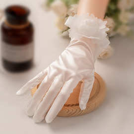 白色绸缎短款手套新娘结婚礼服蕾丝珍珠配饰晚宴生日道具影楼舞台
