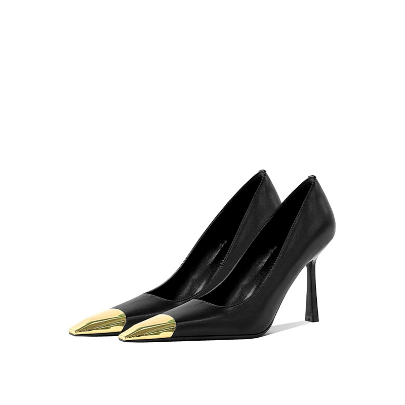 [Готовый запас] Сексуальные туфли на высоком каблуке в стиле Yangshulin с металлическими железными носками для женщин, черные туфли на шпильке с маленьким квадратным носком