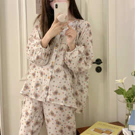 实拍2024秋季新款可爱ins熊睡衣简约甜美家居服套装女外贸批发
