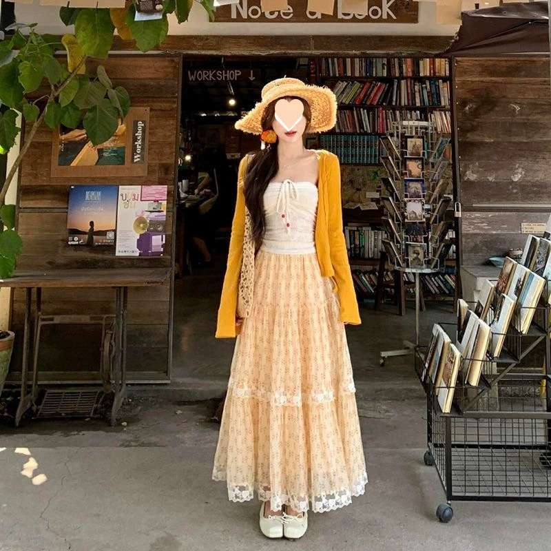 Костюм-платье 2025 с подтяжками, нежный весенне-летний утягивающий новый кардиган с цветочным принтом, модный комплект из трех предметов с длинной юбкой