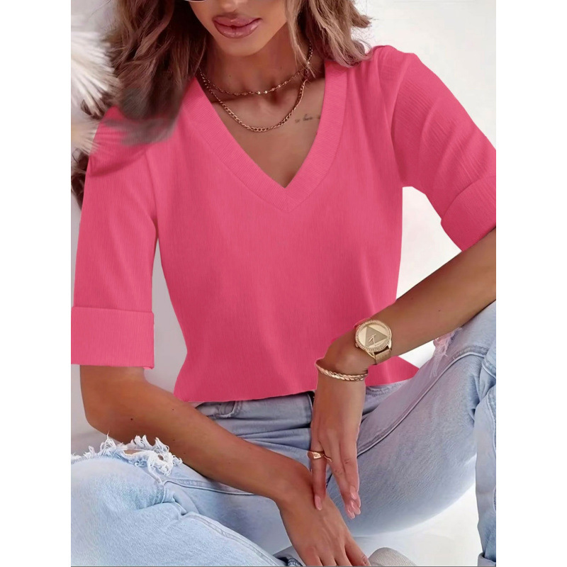 Real Photos of Foreign Trade Products 1688 Shein Aliexpress Hot-Selling Casual Style Solid Color V-Neck Rolled Sleeve T-Shirt Real Photos of Foreign Trade Products 1688 Shein Aliexpress Hot-Selling Casual Style Solid Color V-Neck Rolled Sleeve T-Shirt