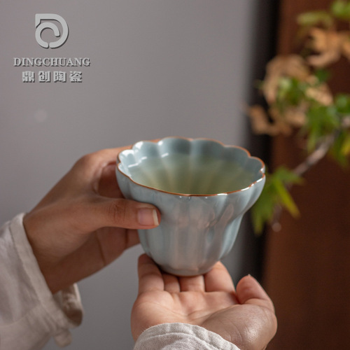 Tianqing Ru Kiln Master Cup Large Tea Cup Ru Porcelain Split Pu'er Tea Cup Square Single Cup Ceramic Buddha Hand Tea Cup