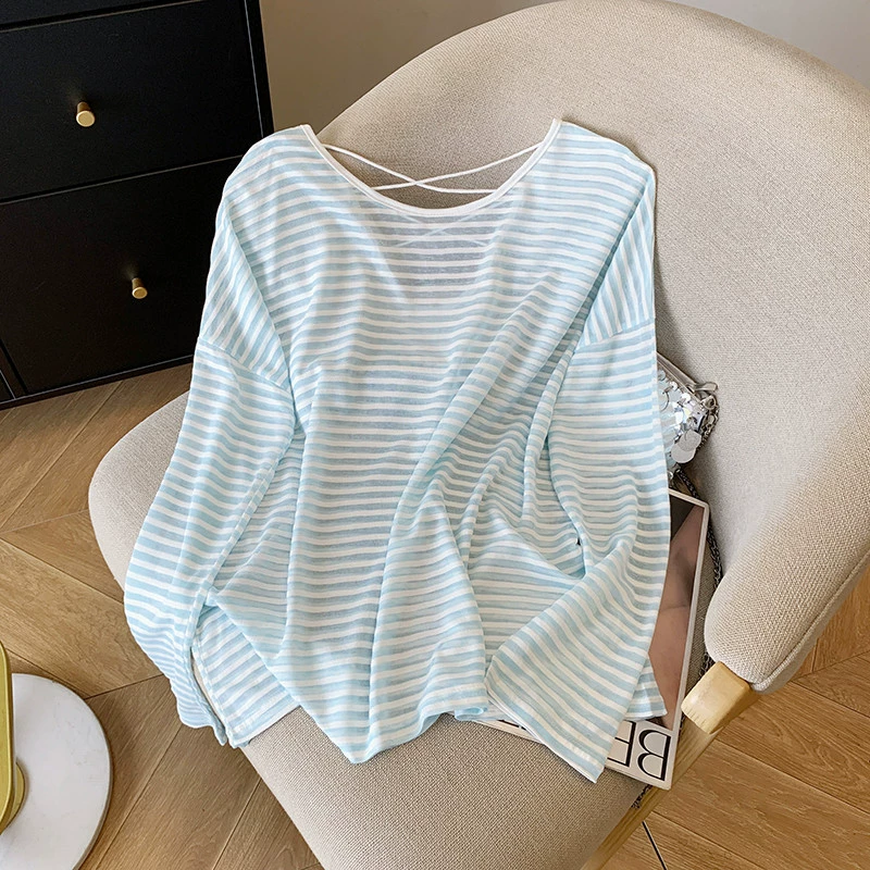YS8 полосатая солнцезащитная футболка с длинными рукавами для женщин, тонкая летняя свободная утягивающая накидка с кондиционером 2025 года с полым дизайном на спине.