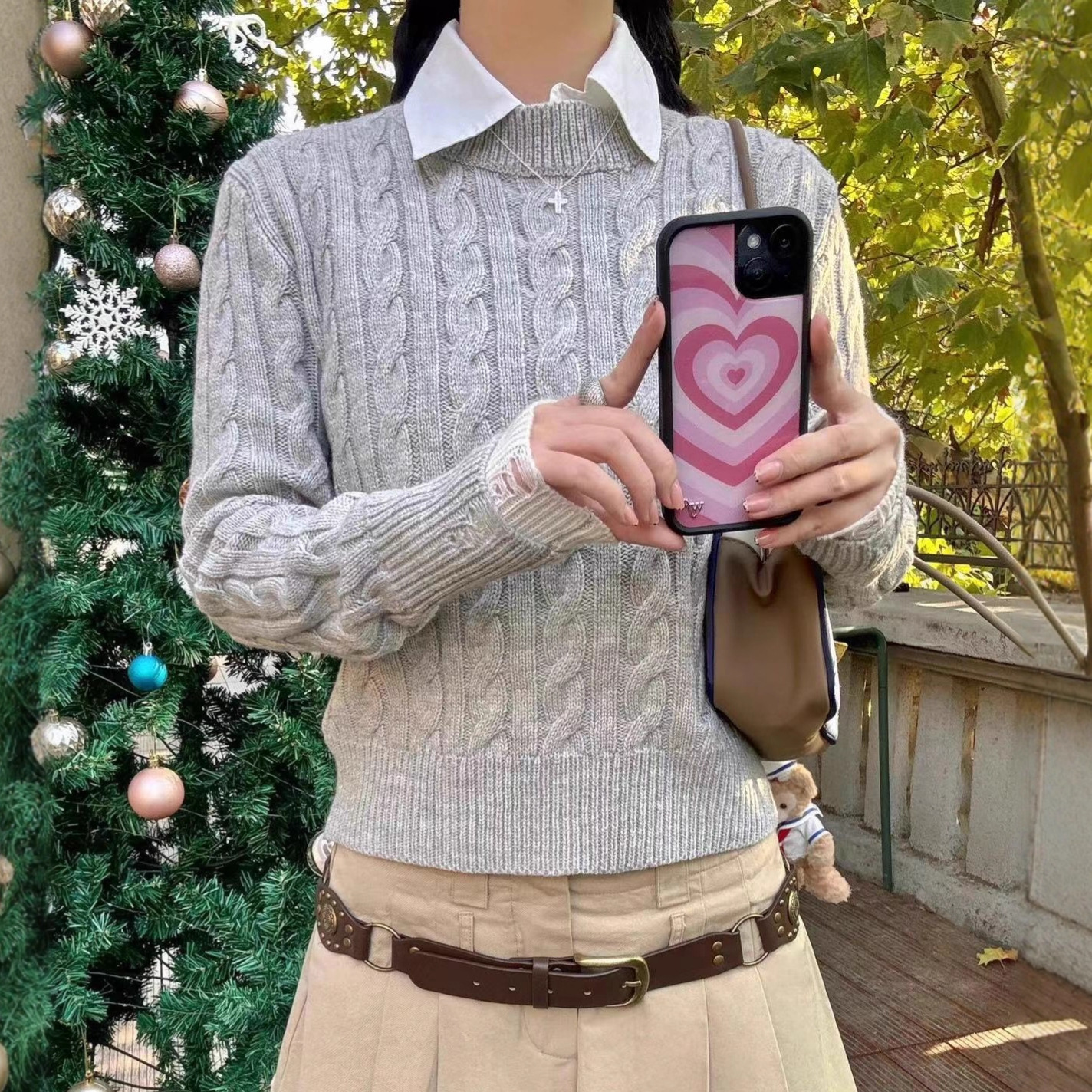 sweet美式复古圆领经典绞花毛衣女25秋冬纯色全棉高腰长袖针织衫