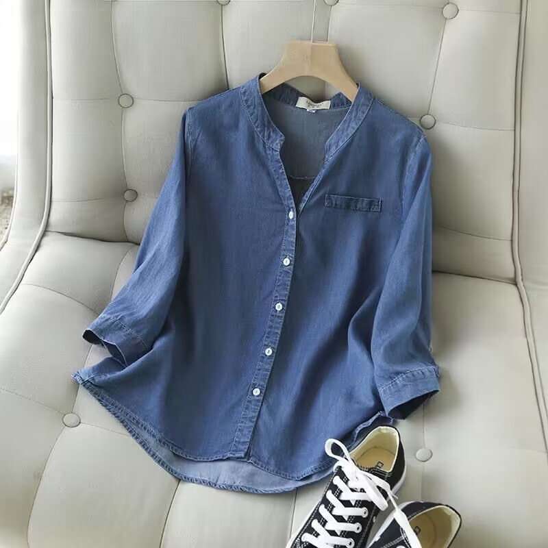 Spring and Summer Thin Tencel Denim V-Neck Sleeve Shirt Women's Loose Korean Style Soft Shirt Base Casual Top