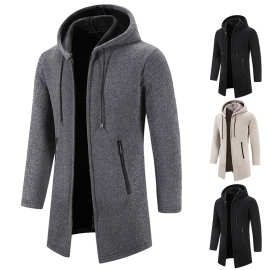 跨境秋冬男士加绒中长款毛衣外套加厚连帽中老年开衫保暖防风夹克