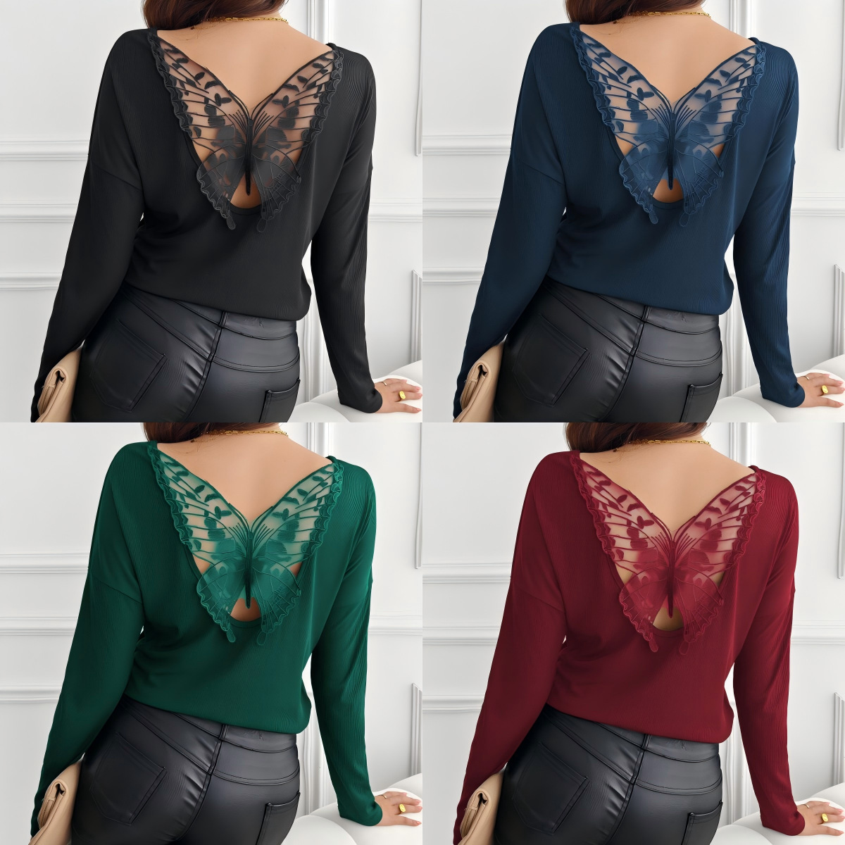 European and American cross-border Amazon 2025 women's solid color back spliced ​​butterfly ribbed long-sleeved T-shirt top for women
