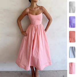 2026春季新款女装 跨境欧美连衣裙子 性感收腰褶皱纯色大摆吊带裙