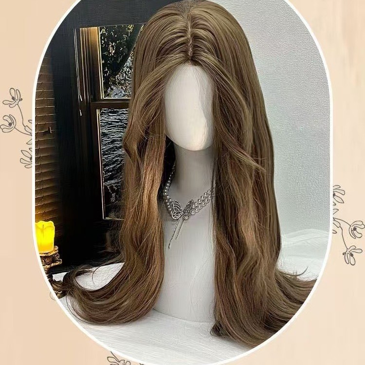 Frío marrón largo rizado gancho de mano frente encaje rojo marino blanco sensación de atmósfera natural peluca A04