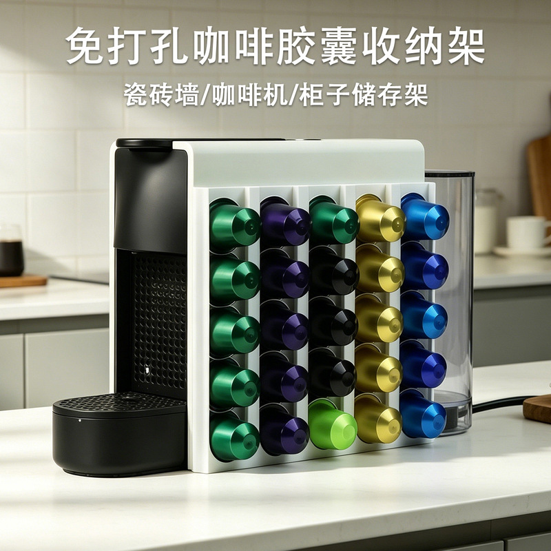 Can hold 25 Nespresso small coffee capsules, storage rack, no-drill, traceless adhesive type Can hold 25 Nespresso small coffee capsules, storage rack, no-drill, traceless adhesive type