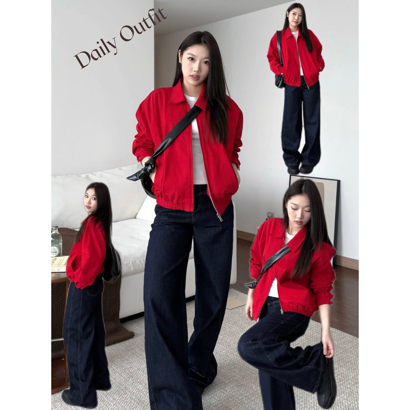 Red Harrington Jacket for Women, 2026 Spring and Autumn Short Style with Turn-Down Collar, Korean Style for Petite Figures, Lightweight Top